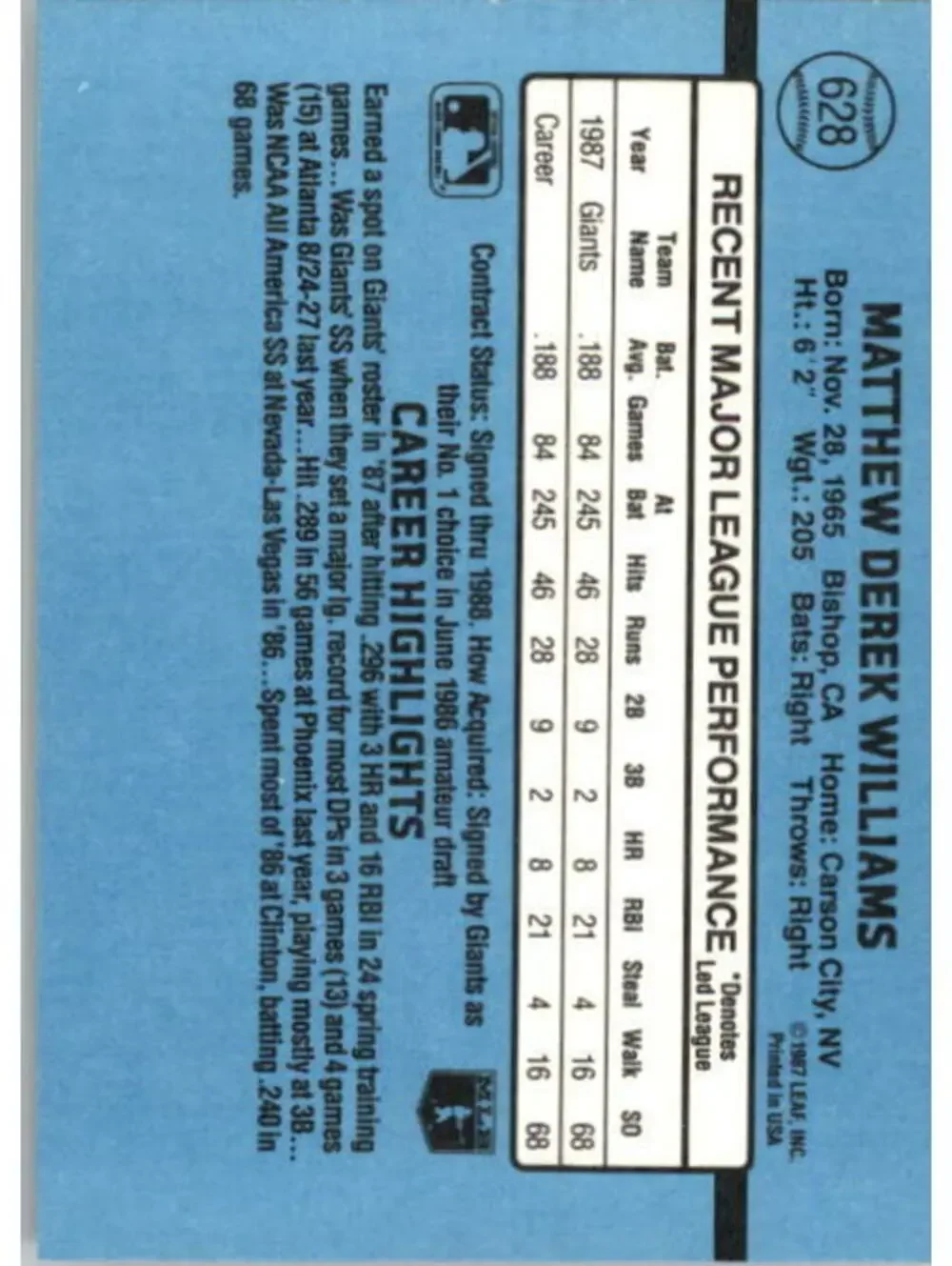 1988 Matt Williams Donruss Baseball Card #628